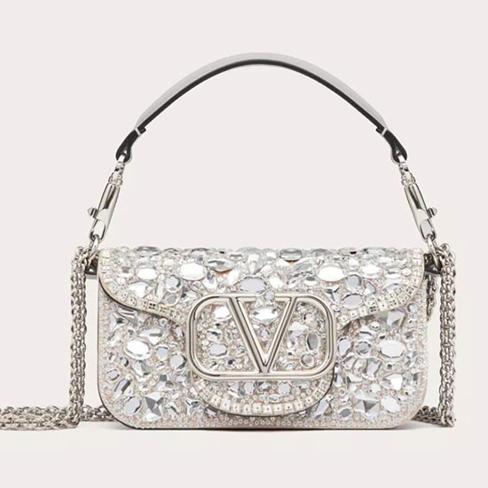 Valentino Small Locò Shoulder Bag With Crystals Silver V2010