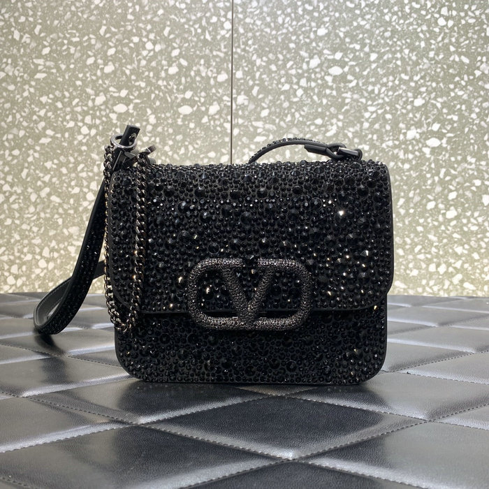 Valentino Small VSling Shoulder Bag with Rhinestones Black V0088