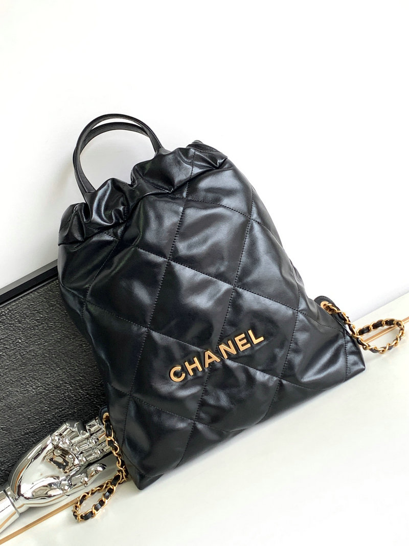 Chanel 22 Shiny Calfskin Backpack Black with Gold AS3859