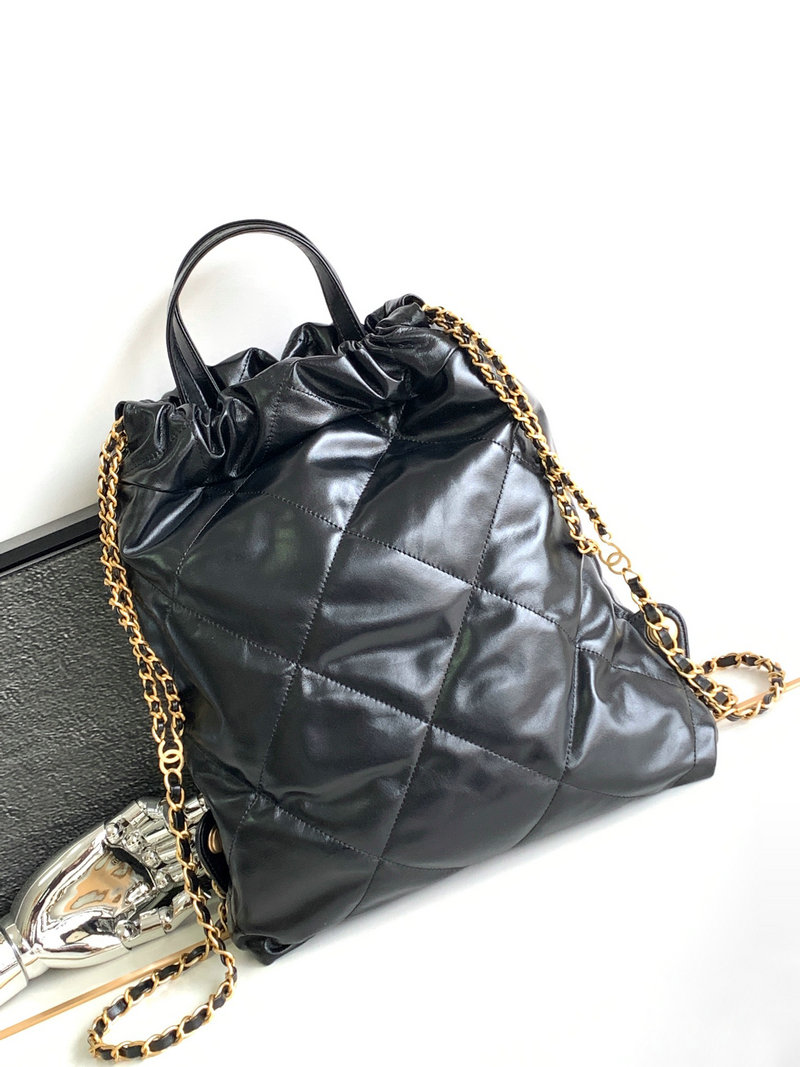 Chanel 22 Shiny Calfskin Backpack Black with Gold AS3859