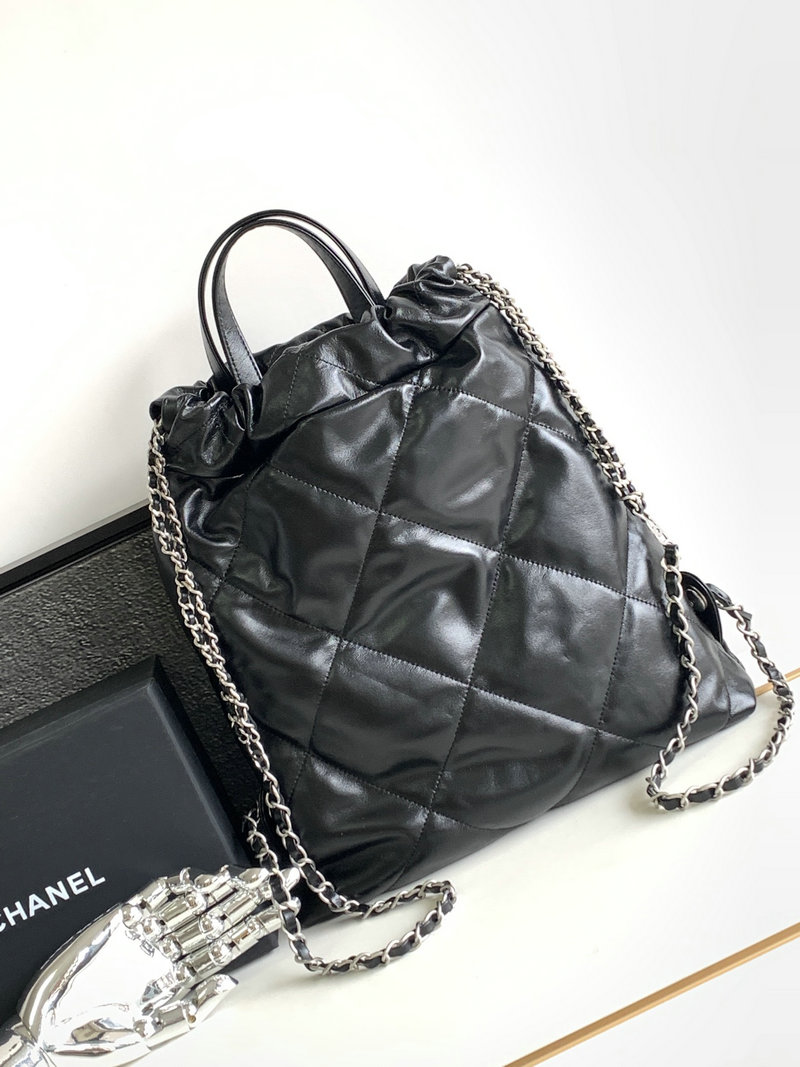 Chanel 22 Shiny Calfskin Backpack Black with Silver AS3859