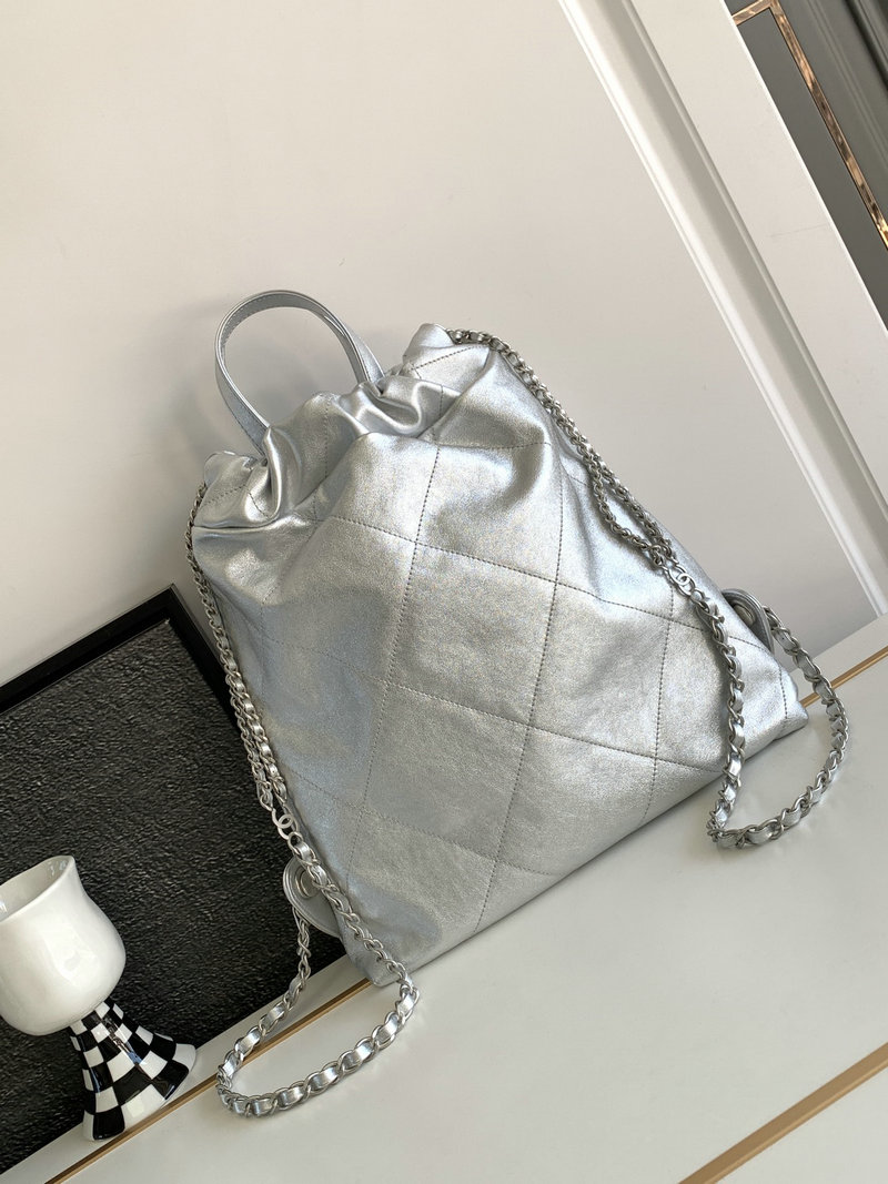 Chanel 22 Shiny Calfskin Backpack Silver AS3859