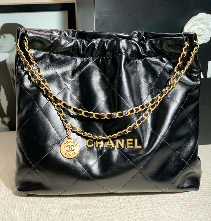 Chanel 22 Shiny Calfskin Handbag Black with Gold AS3261