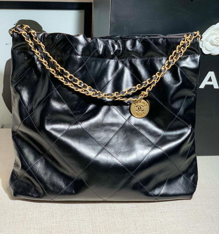 Chanel 22 Shiny Calfskin Handbag Black with Gold AS3261