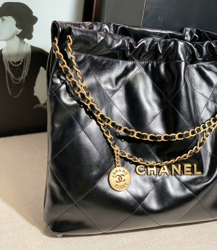 Chanel 22 Shiny Calfskin Handbag Black with Gold AS3261