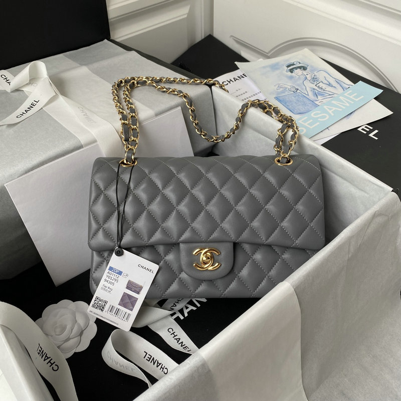 Medium Classic Flap Handbag Grey with Gold A01112