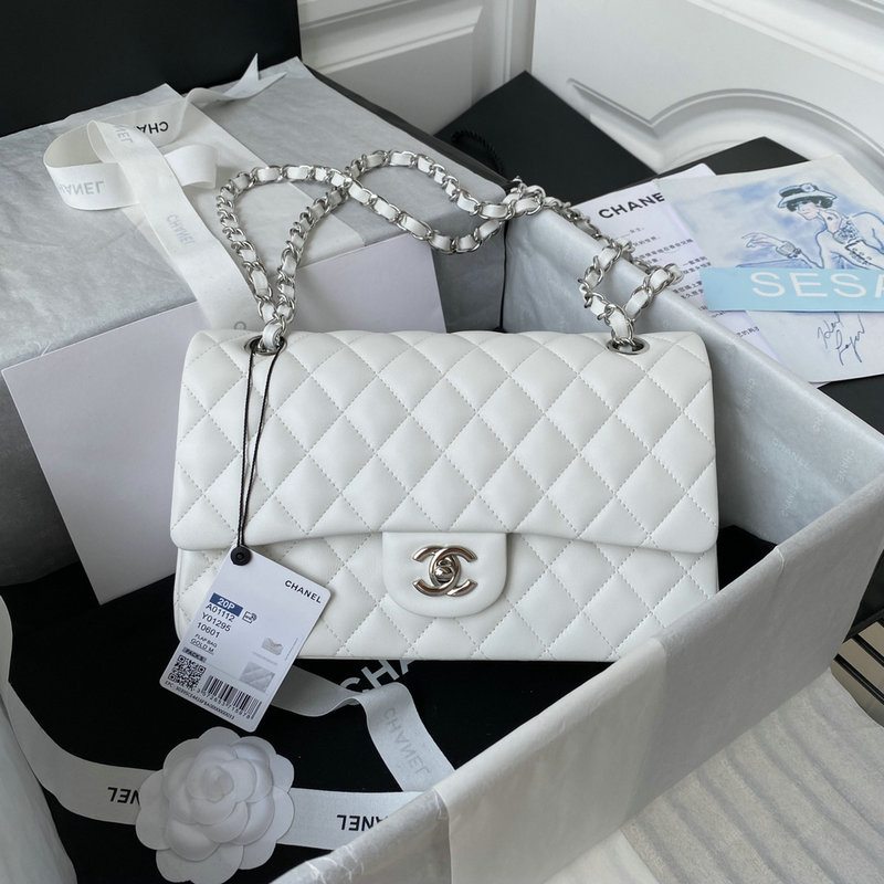 Medium Classic Flap Handbag White with Silver A01112