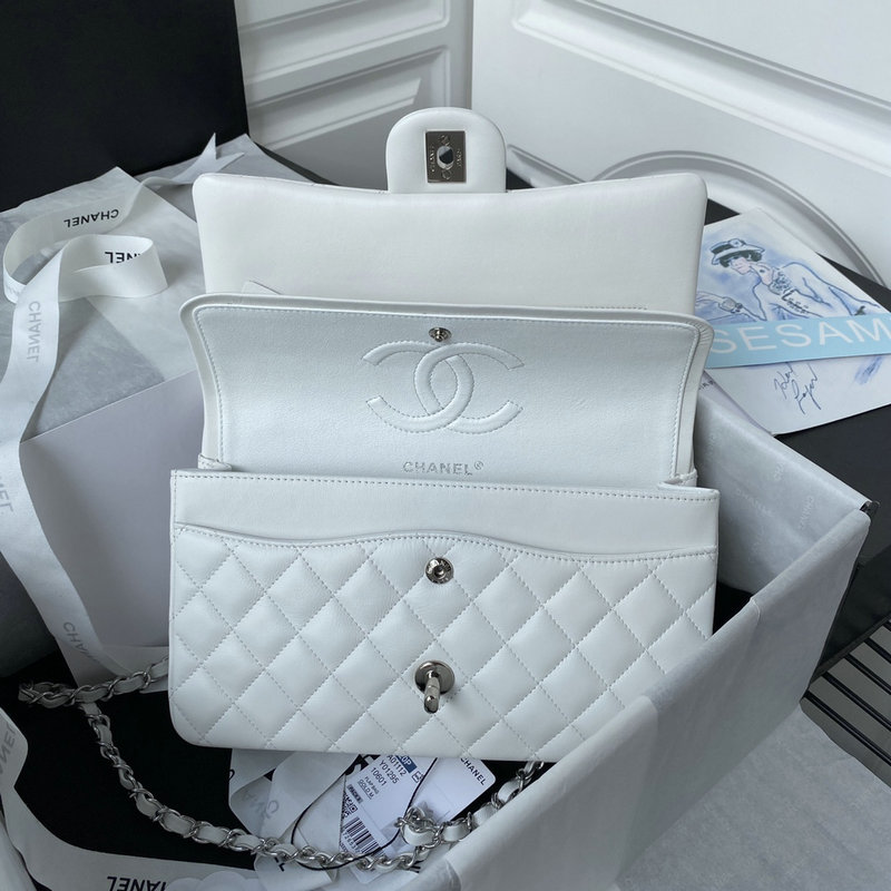 Medium Classic Flap Handbag White with Silver A01112