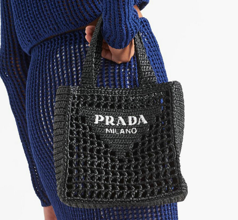Prada Small Raffia crochet tote bag Black 1BG444