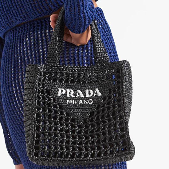 Prada Small Raffia crochet tote bag Black 1BG444