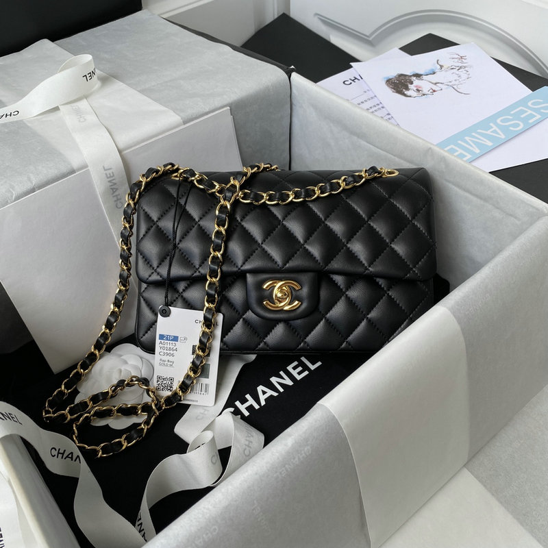 Small Classic Chanel Flap Handbag Black with Gold A01113