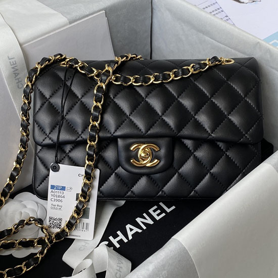 Small Classic Chanel Flap Handbag Black with Gold A01113