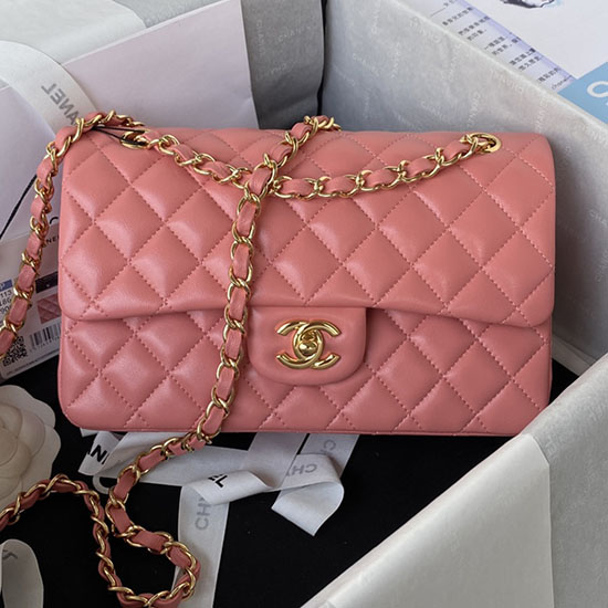 Small Classic Chanel Flap Handbag Pink with Gold A01113