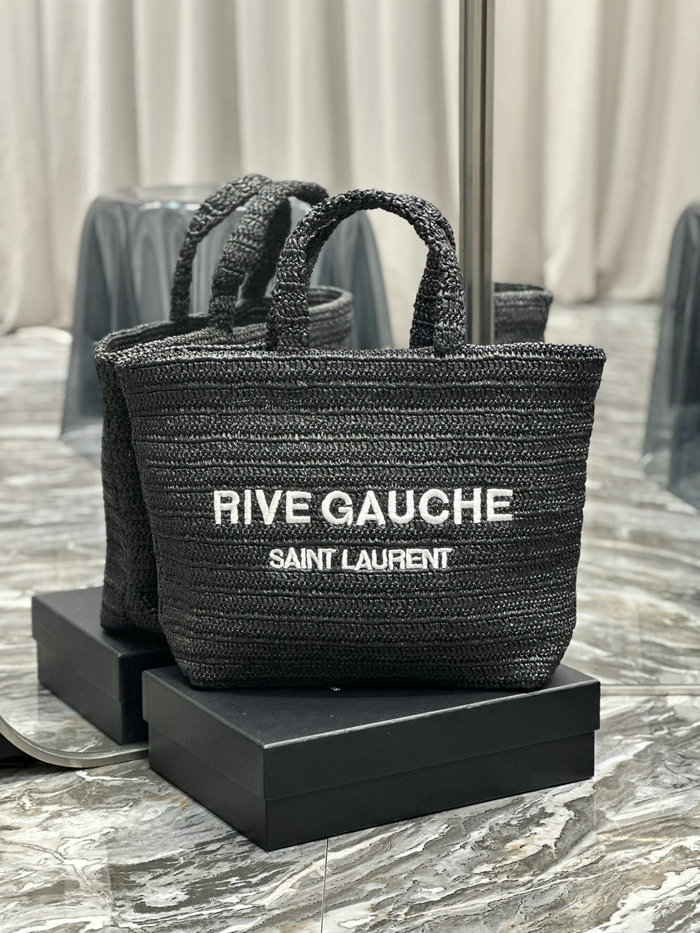 Saint Laurent Raffia Rive Gauche Tote Bag Black with White 688864