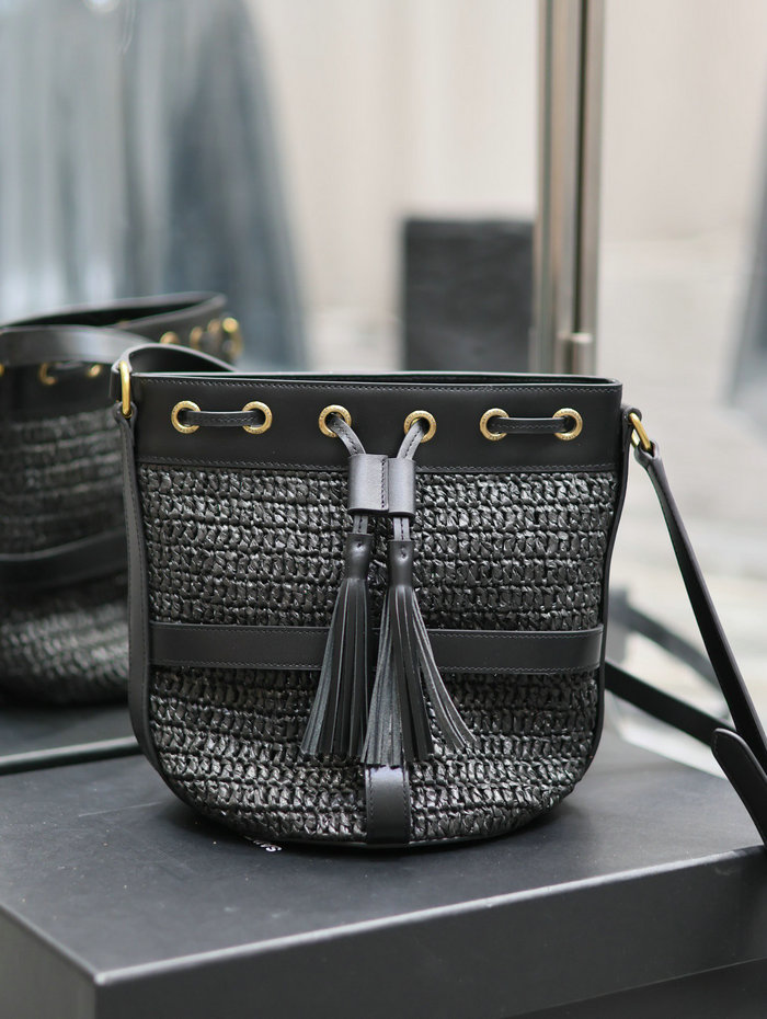 Saint Laurent Raffia Shoulder Bag Black 688223