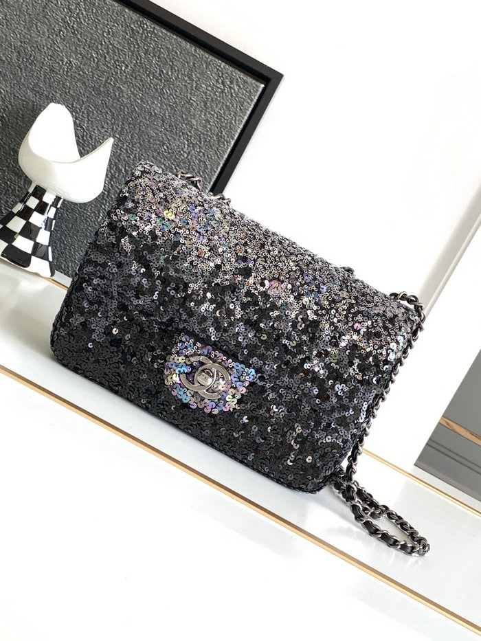 Chanel Sequins Small Flap Evening Bag Black AS23