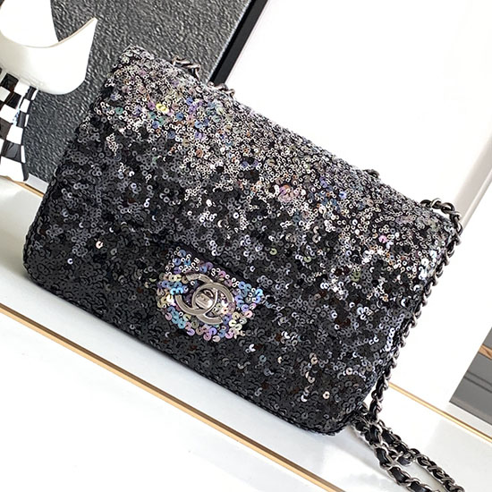 Chanel Sequins Small Flap Evening Bag Black AS23