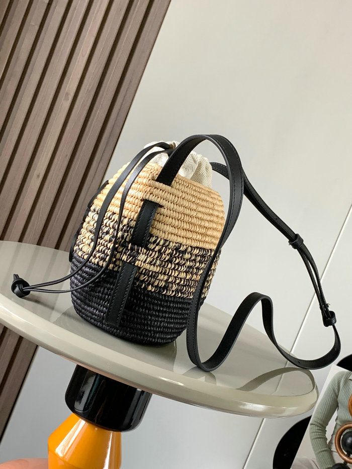 Loewe Beehive Black Basket Bag In Raffia and Calfskin L8002