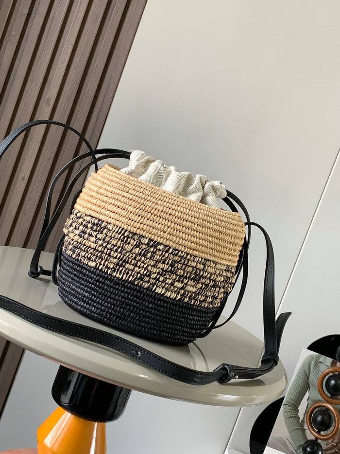 Loewe Beehive Black Basket Bag In Raffia and Calfskin L8002