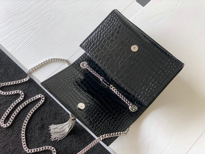 Saint Laurent Crocodile Kate 24 Chain Bag Black with Silver 354119