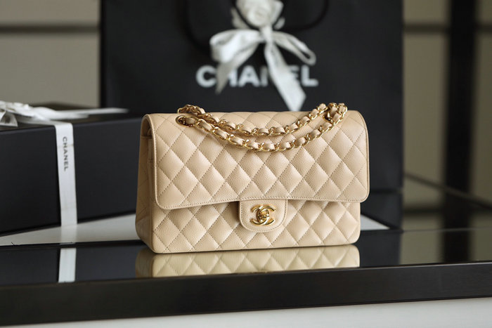 Medium Classic Chanel Caviar Leather Flap Bag Beige with Gold A01112