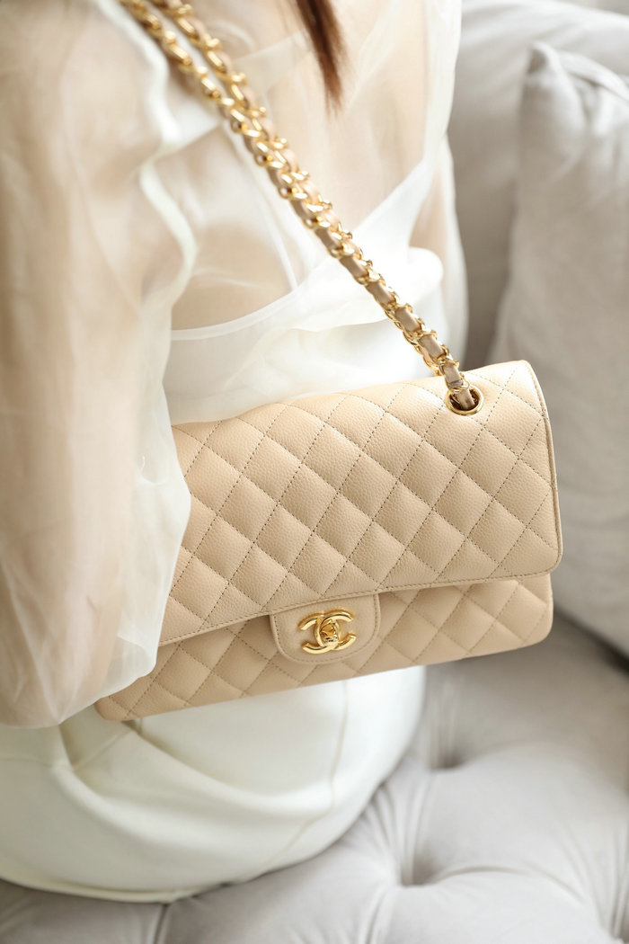 Medium Classic Chanel Caviar Leather Flap Bag Beige with Gold A01112