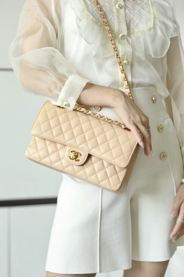 Medium Classic Chanel Caviar Leather Flap Bag Beige with Gold A01112