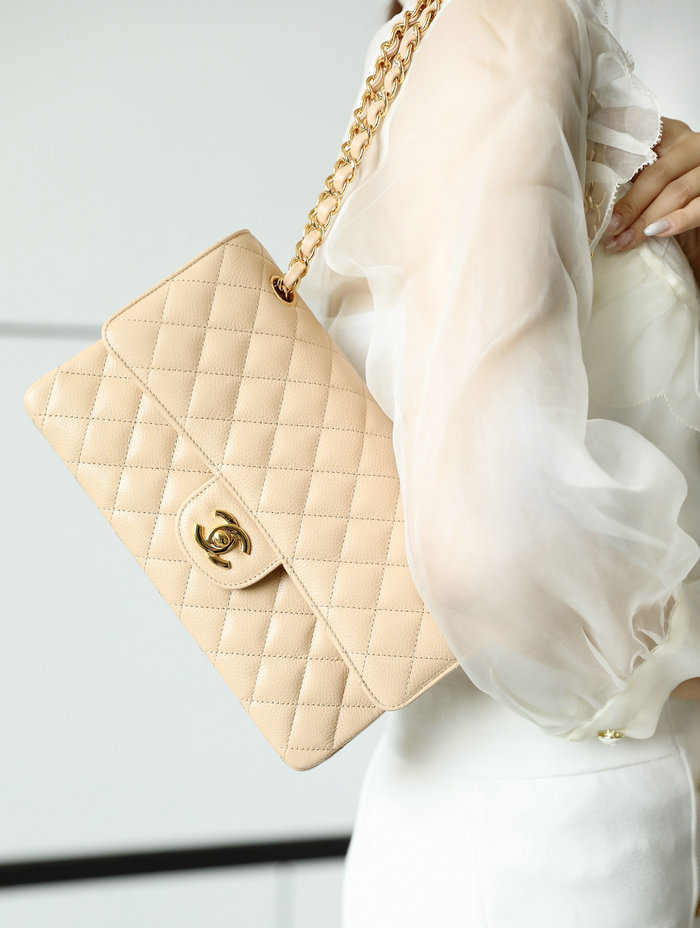 Medium Classic Chanel Caviar Leather Flap Bag Beige with Gold A01112