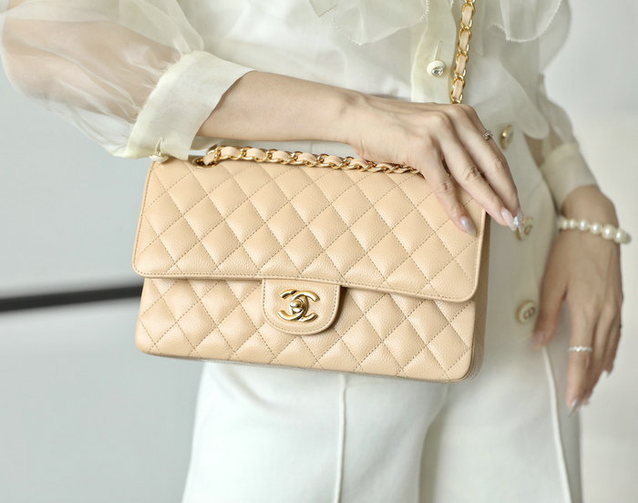 Medium Classic Chanel Caviar Leather Flap Bag Beige with Gold A01112