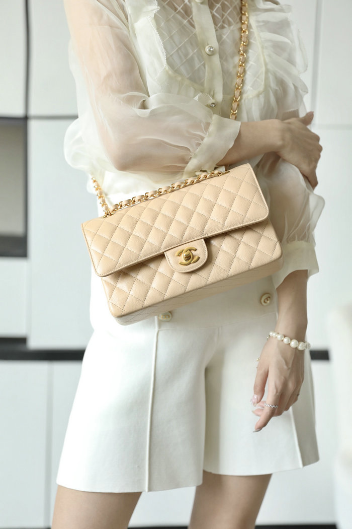 Medium Classic Chanel Caviar Leather Flap Bag Beige with Gold A01112