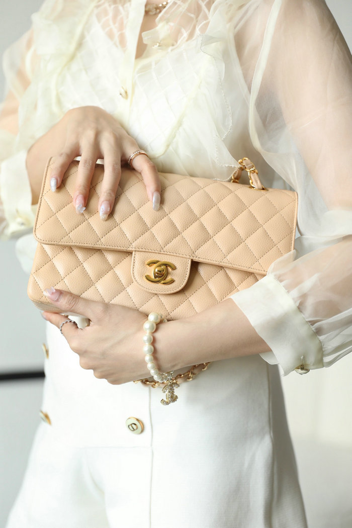 Medium Classic Chanel Caviar Leather Flap Bag Beige with Gold A01112