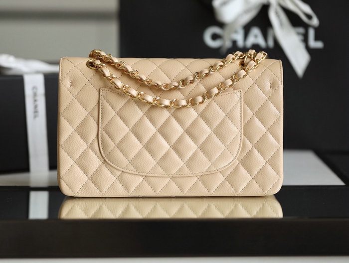 Medium Classic Chanel Caviar Leather Flap Bag Beige with Gold A01112