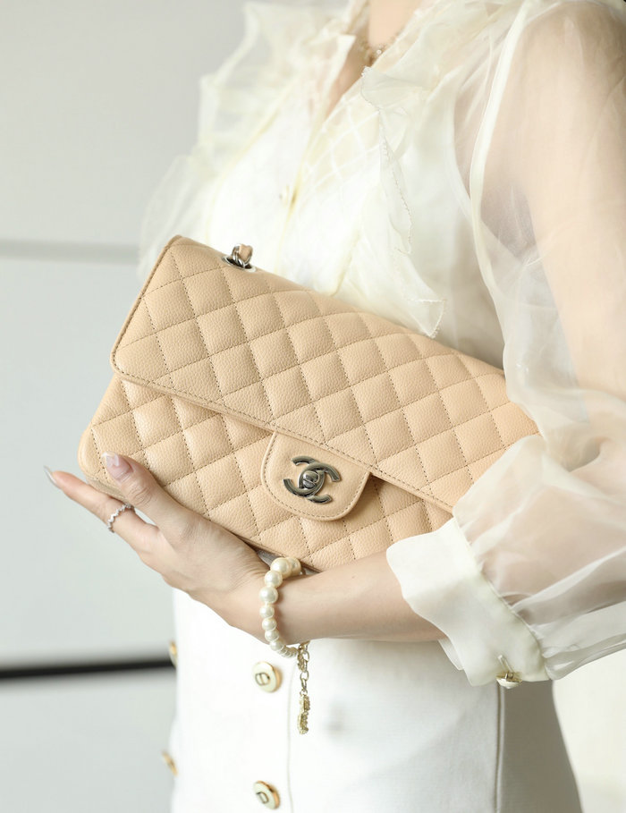 Medium Classic Chanel Caviar Leather Flap Bag Beige with Silver A01112