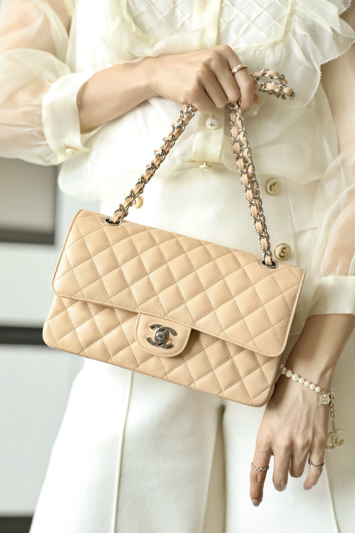 Medium Classic Chanel Caviar Leather Flap Bag Beige with Silver A01112