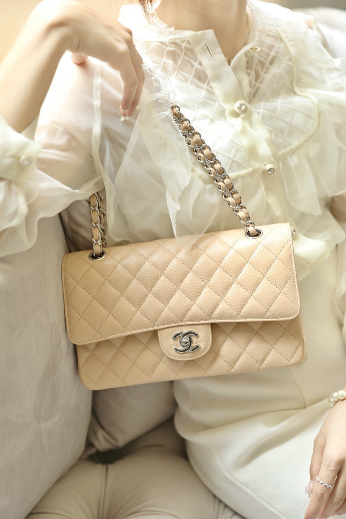 Medium Classic Chanel Caviar Leather Flap Bag Beige with Silver A01112