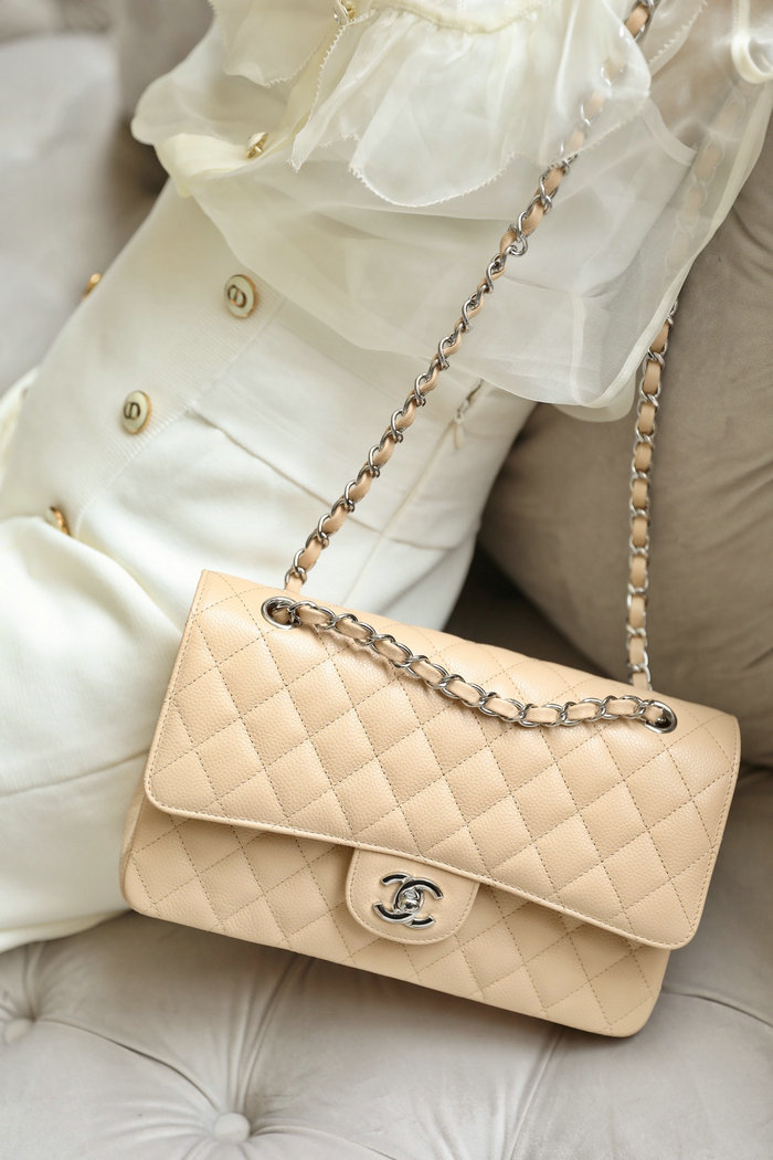 Medium Classic Chanel Caviar Leather Flap Bag Beige with Silver A01112