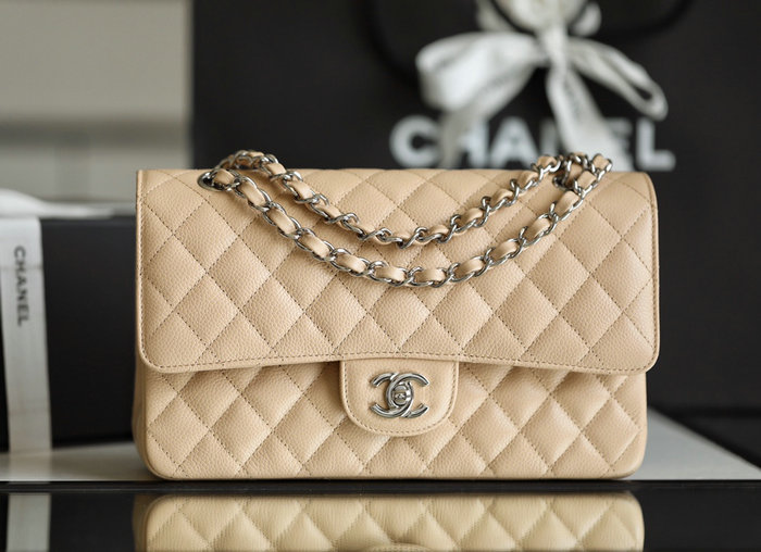 Medium Classic Chanel Caviar Leather Flap Bag Beige with Silver A01112