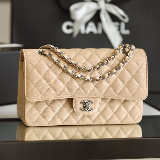 Medium Classic Chanel Caviar Leather Flap Bag Beige with Silver A01112