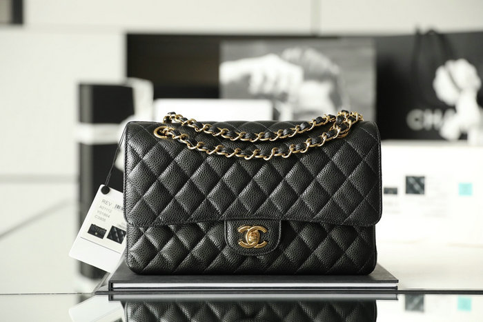 Medium Classic Chanel Caviar Leather Flap Bag Black with Gold A01112