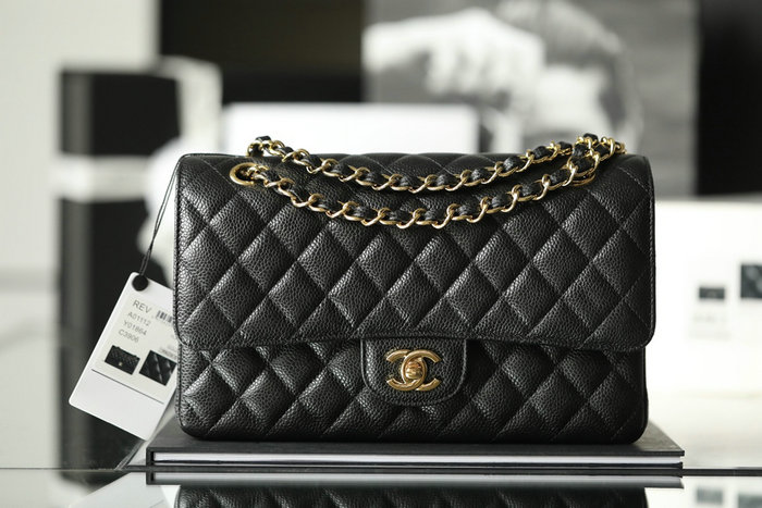 Medium Classic Chanel Caviar Leather Flap Bag Black with Gold A01112