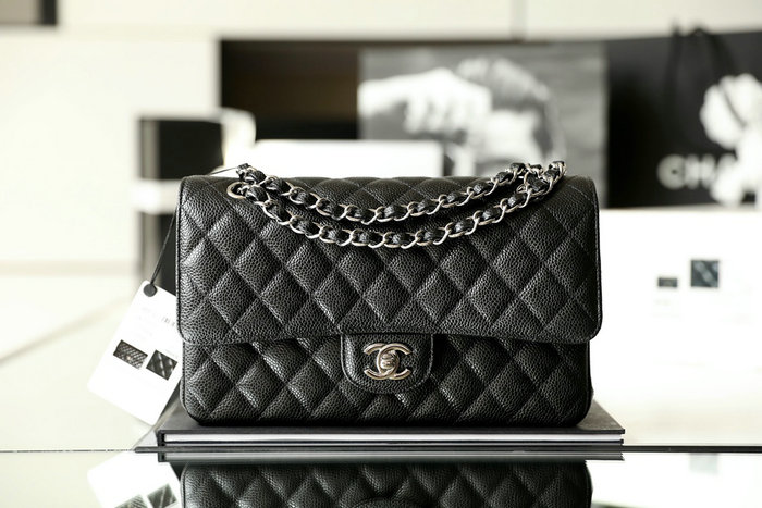 Medium Classic Chanel Caviar Leather Flap Bag Black with Silver A01112