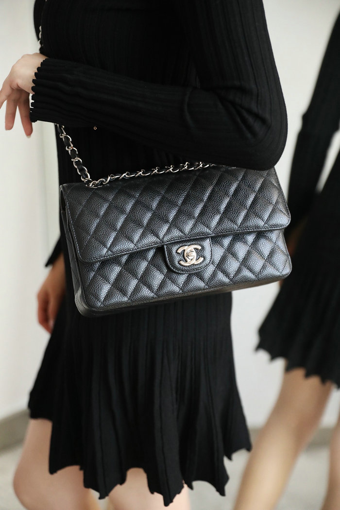 Medium Classic Chanel Caviar Leather Flap Bag Black with Silver A01112