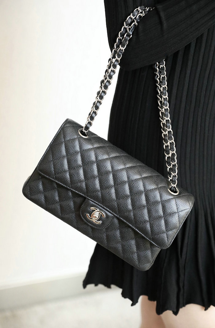 Medium Classic Chanel Caviar Leather Flap Bag Black with Silver A01112