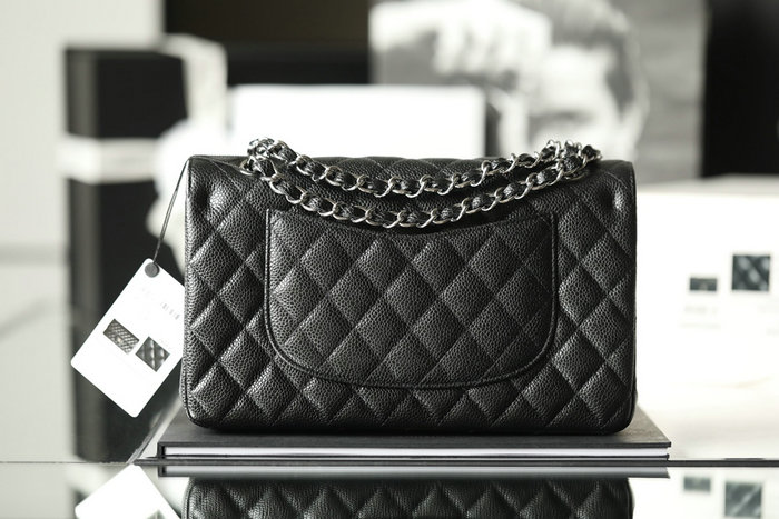 Medium Classic Chanel Caviar Leather Flap Bag Black with Silver A01112