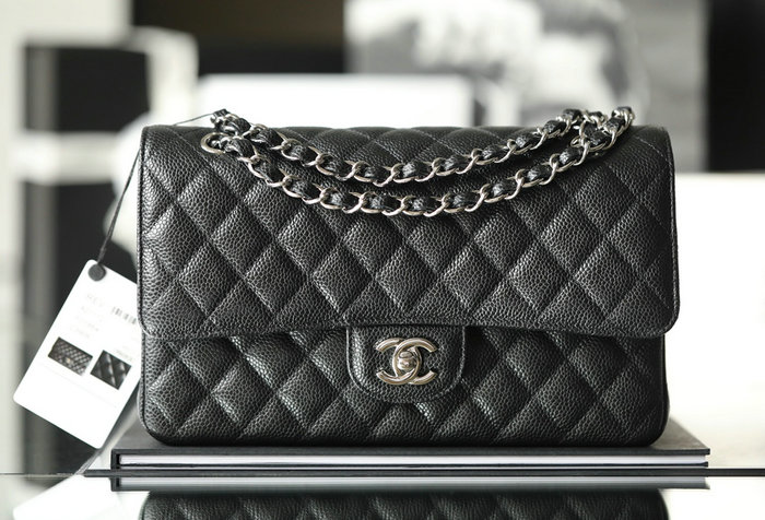 Medium Classic Chanel Caviar Leather Flap Bag Black with Silver A01112