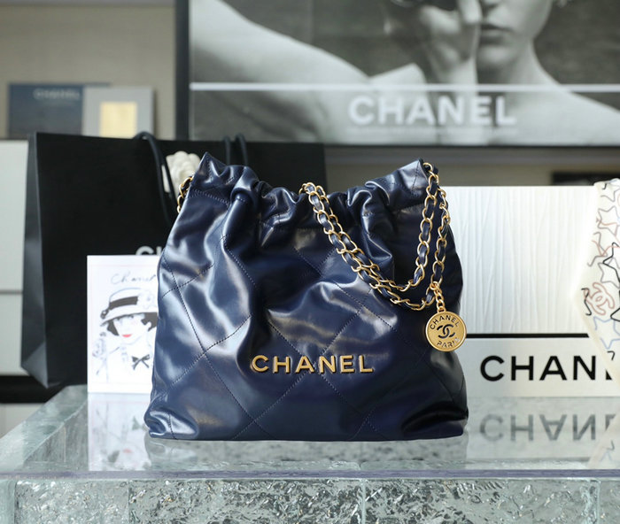 Small Chanel 22 Shiny Calfskin Handbag Blue AS3260