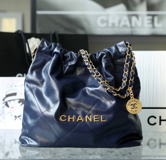 Small Chanel 22 Shiny Calfskin Handbag Blue AS3260