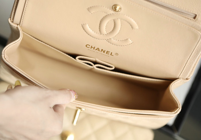 Small Classic Chanel Caviar Leather Flap Bag Beige with Gold A01113
