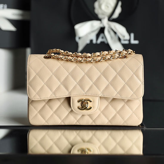 Small Classic Chanel Caviar Leather Flap Bag Beige with Gold A01113