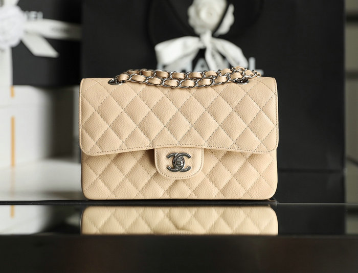 Small Classic Chanel Caviar Leather Flap Bag Beige with Silver A01113